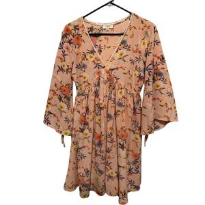 Umgee USA Floral Print Dress Women's Small Bell Sleeve V Neck Bohemian Pink Midi